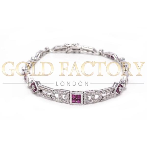 18ct White Gold Diamond And Ruby Link Bracelet