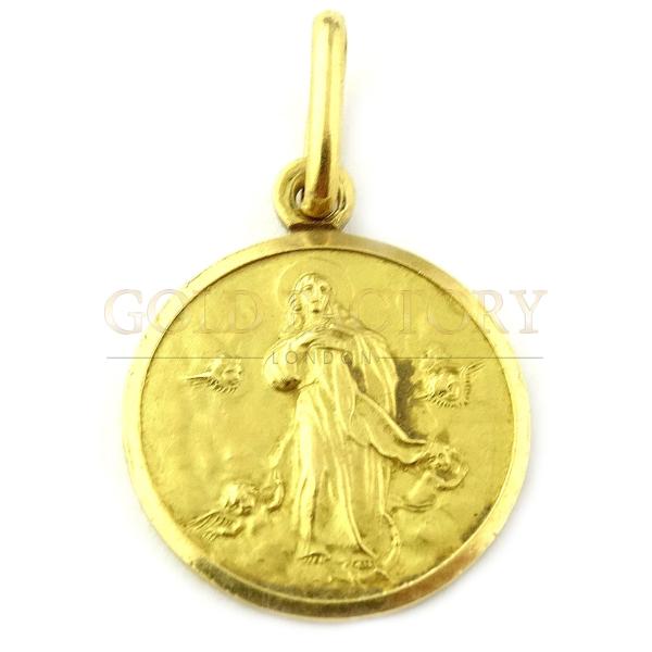 Gold Round Medal Pendant With Religious Motif